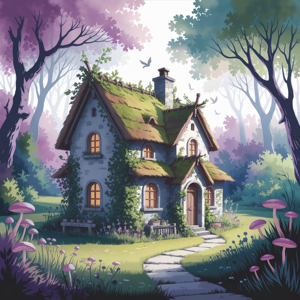 Whimsical Watercolor Cottage Scene in Enchanted Forest