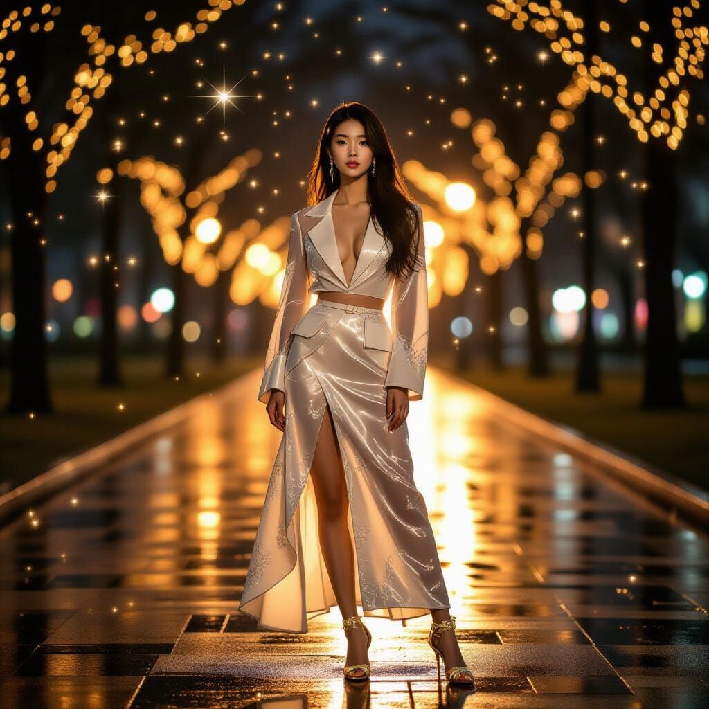 Supermodel in Luminous Night Park: Realistic Photo