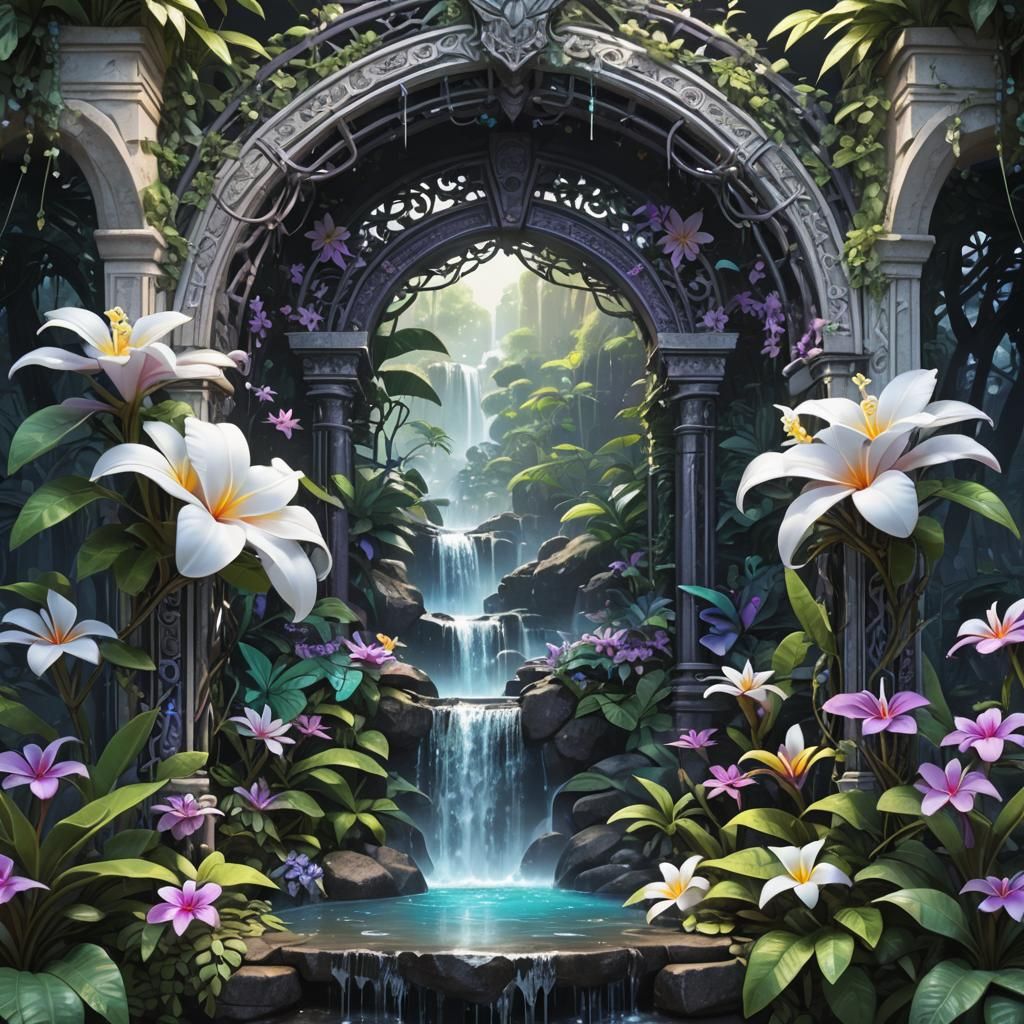 Holographic Jungle Waterfall Portal in Ornate Anime Style