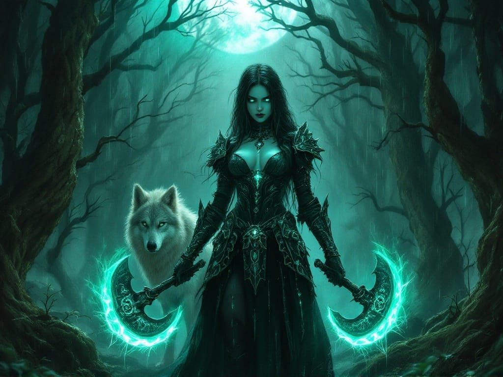 Mystical Moonlit Forest with Gothic Warrior and Wolf