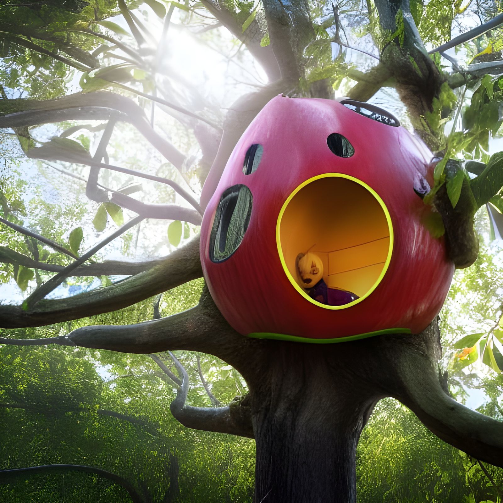 Psychedelic Post-Apocalyptic Treehouse with Dog and Cat