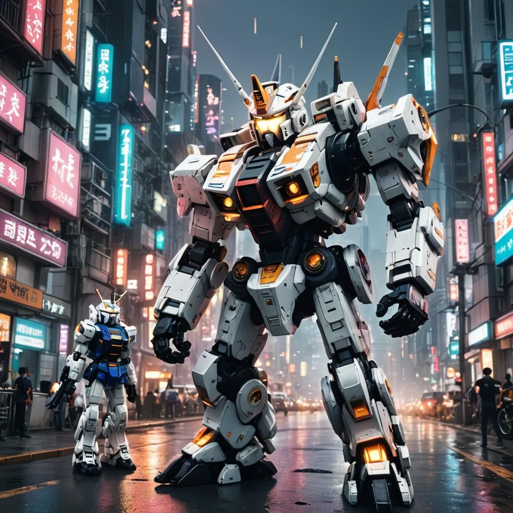 Mecha Mashup: Gundam vs Patlabor in Cyberpunk City