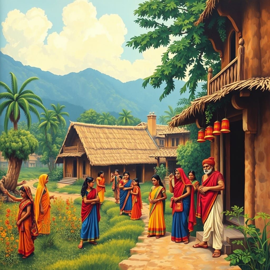 Vibrant Indian Village Scene in Folk Art Style