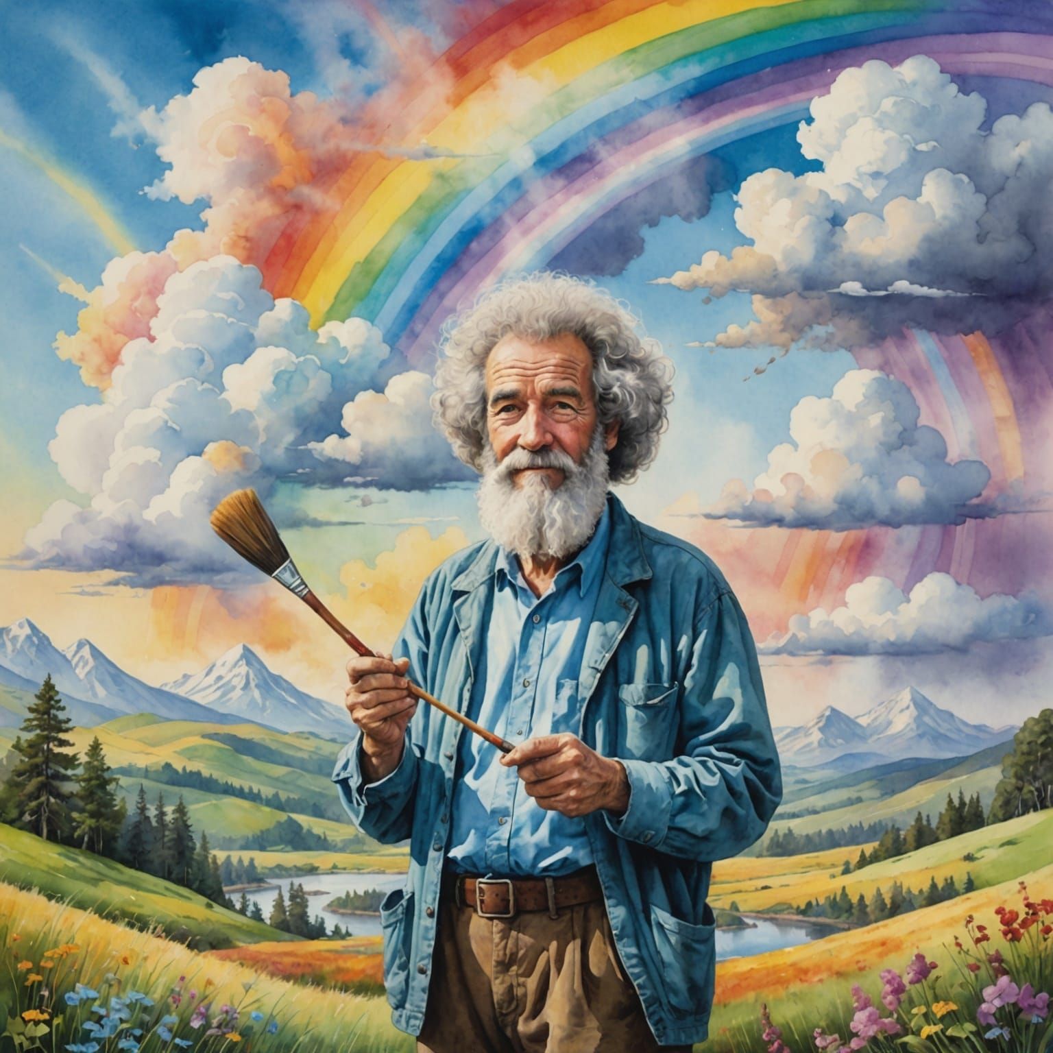 Watercolor Bob Ross Paints Rainbow From Cloud