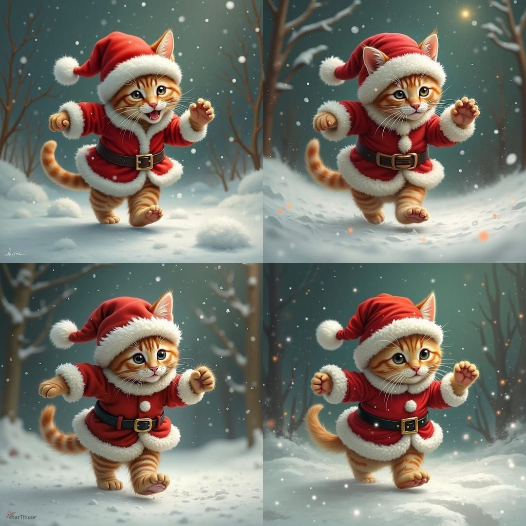 Whimsical Naive Art of a Kitten Chasing Santa