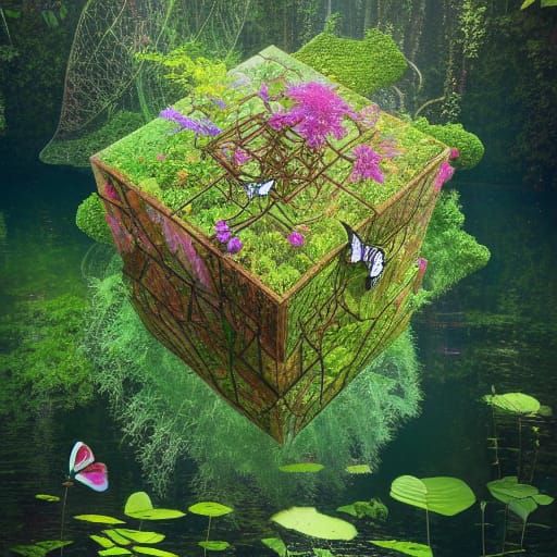 Surreal Floating Cube Labyrinth with Butterflies