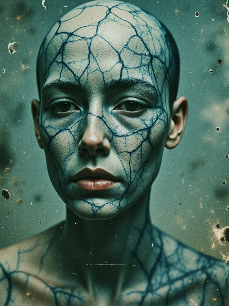 Bioluminescent Blue Android in Brutalist Alien City