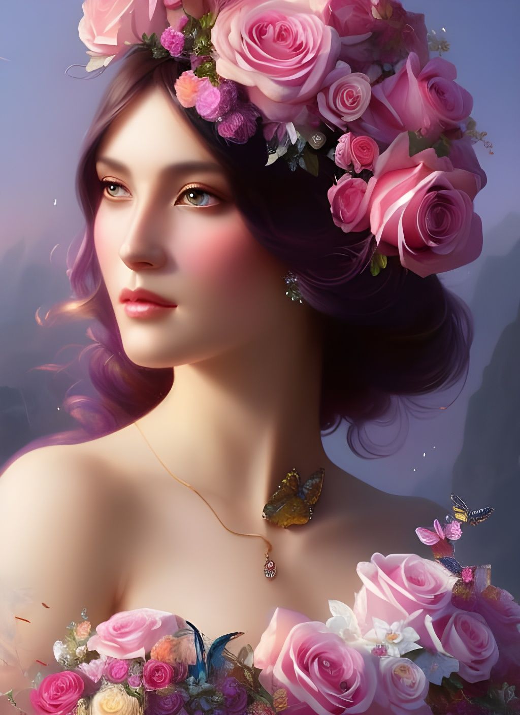 Goddess with Roses, Crystals and Butterflies