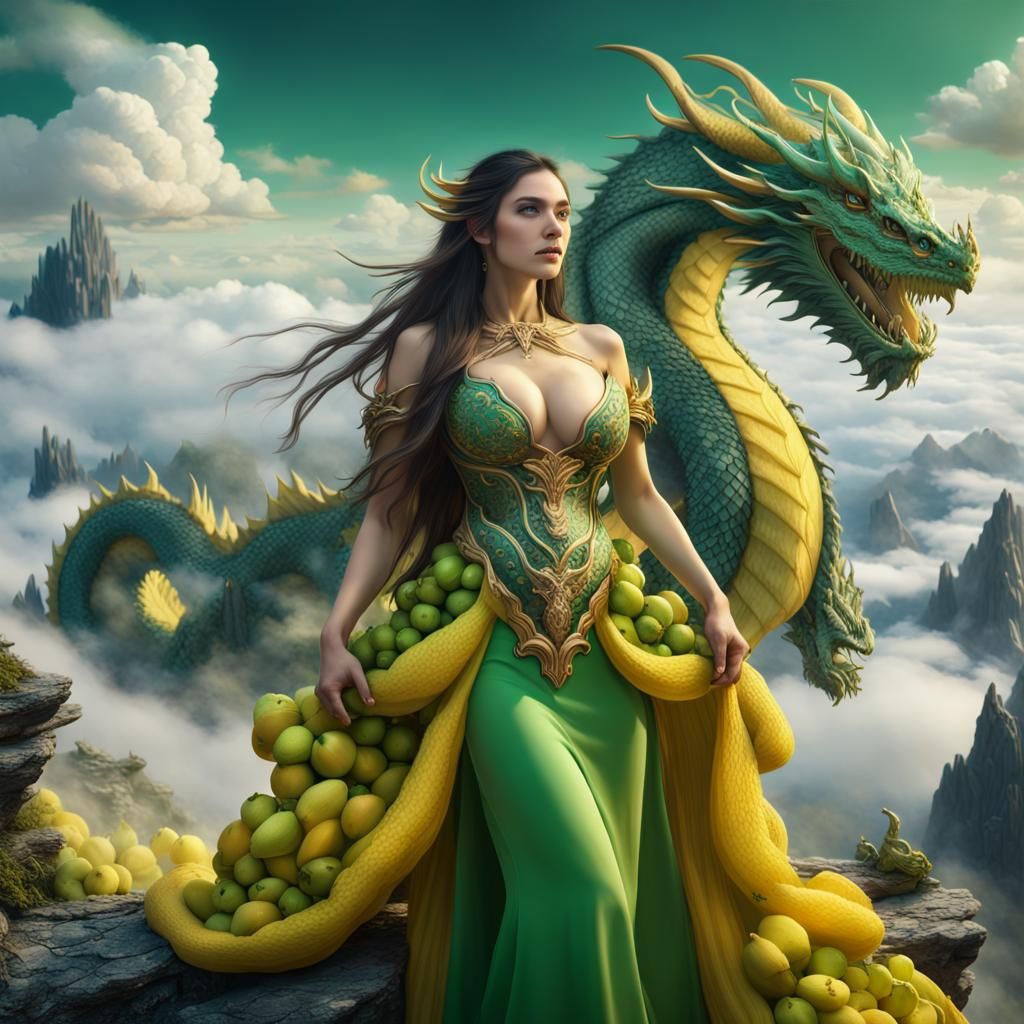 Woman and Dragon on Mountaintop in Fantasy Art
