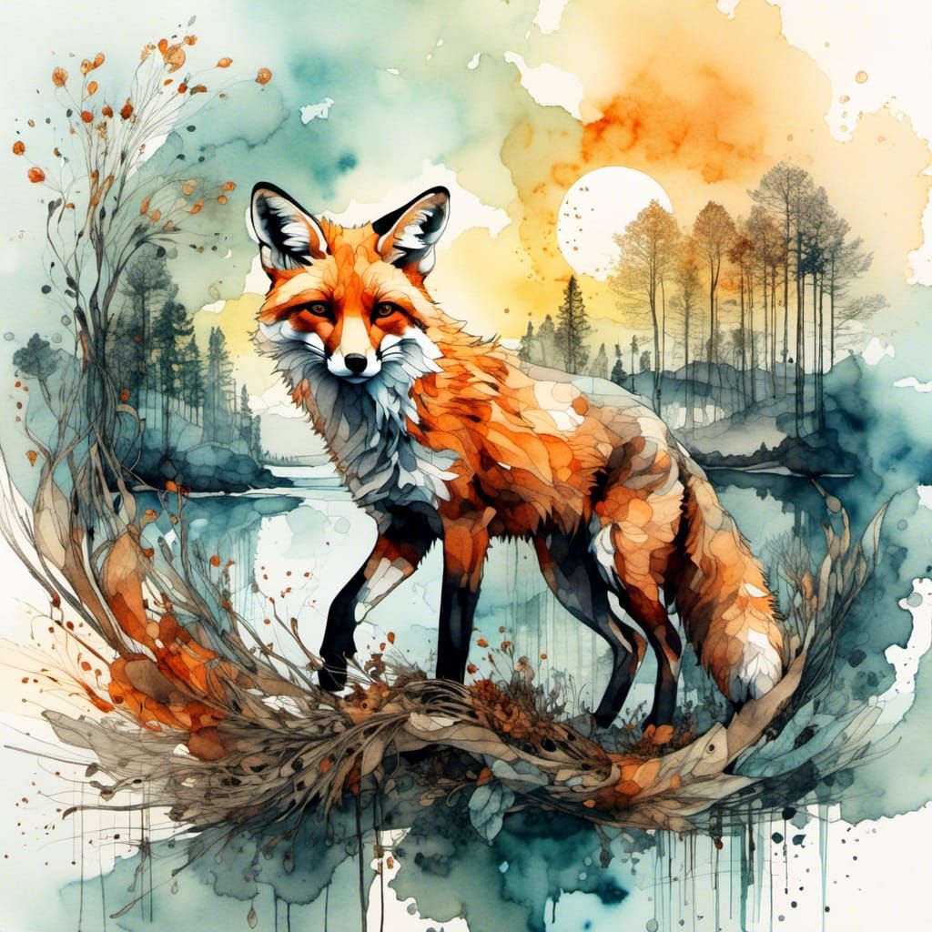 Fox in Summerscape Sunrise: Digital Watercolor Art