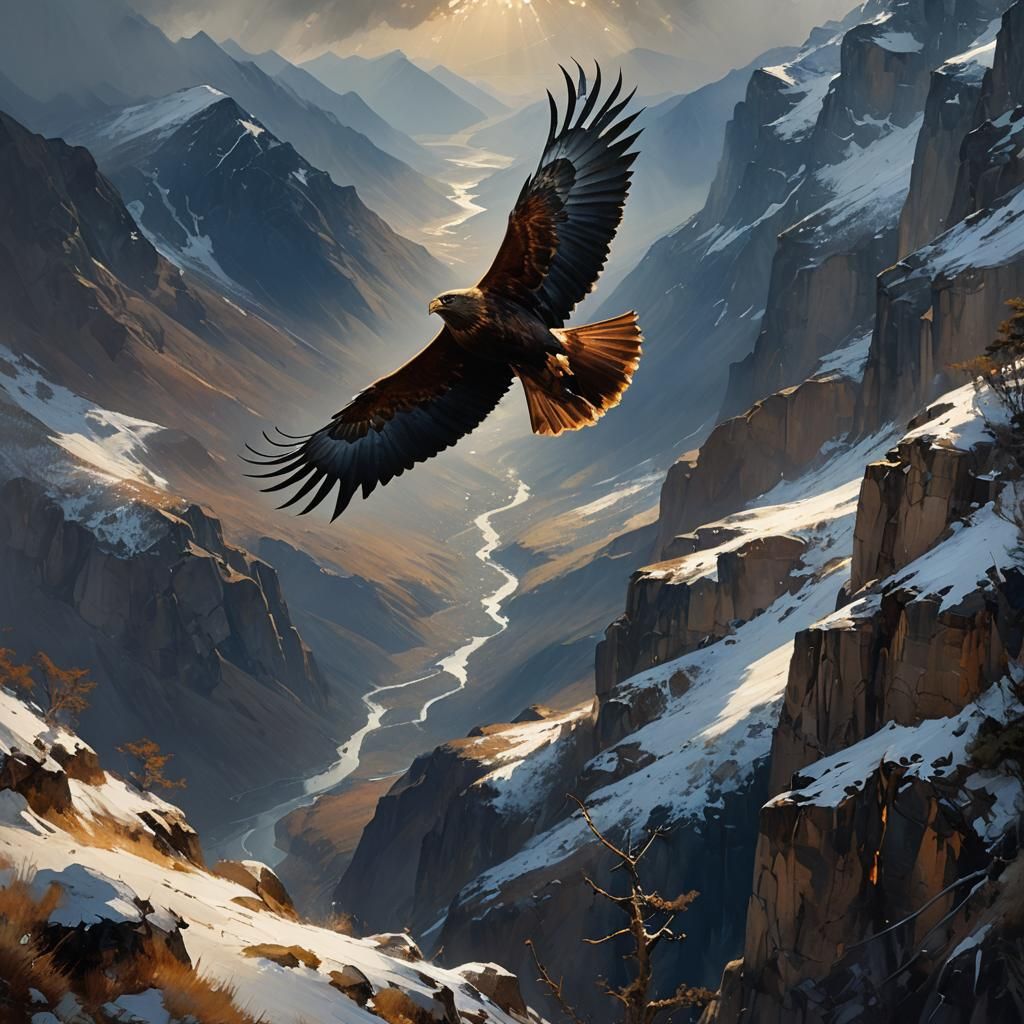 Harris Hawk Soaring Over Mountains: Sharp Focus
