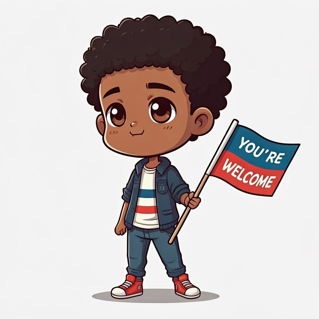Cute Chibi Boy Holds Welcome Flag