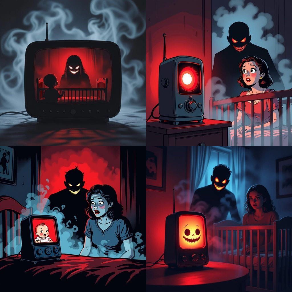 Horror Baby Monitor with Shadowy Figure and Red Glow