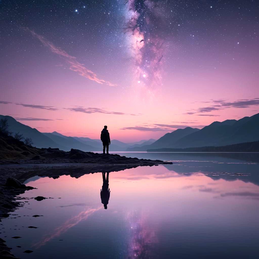 Contemplative Figure at Twilight Lake: Detailed Matte Painti...