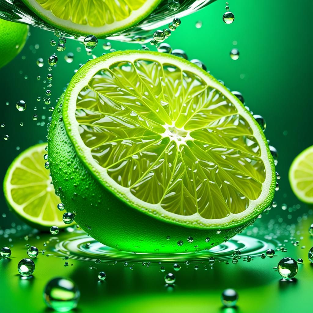 Glowing Lime in Water Droplets: Photorealistic Render