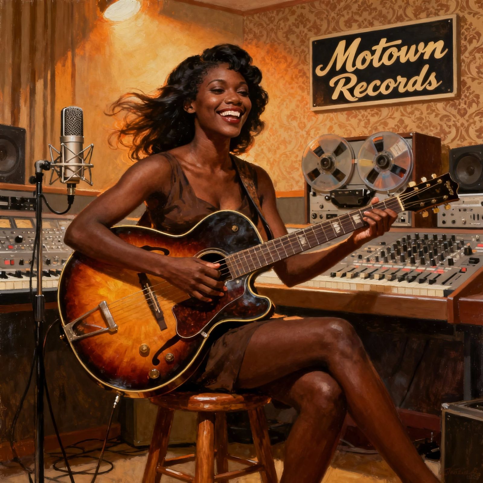 Black Woman Playing Archtop Guitar in 1965 Motown Studio