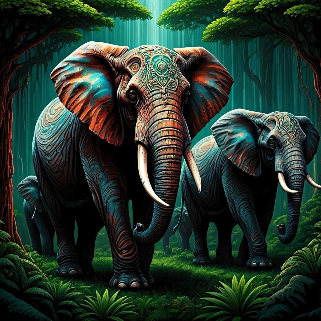 Iridescent Elephants in Retro-Futuristic Sci-Fi Style