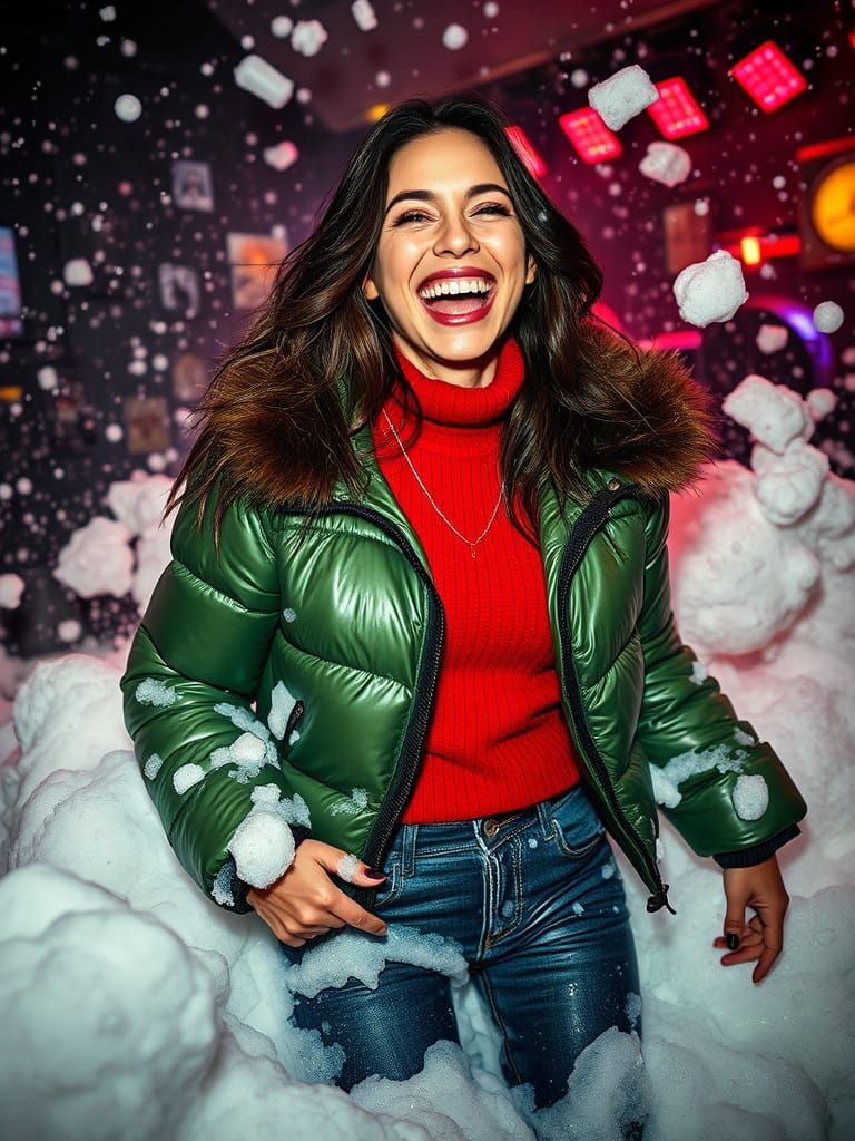 Radiant Woman Emerges from Foam, Captured in Gritty Nightclu...