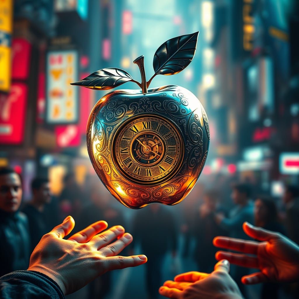 Metallic Apple Hovers Beyond Grasping Hands