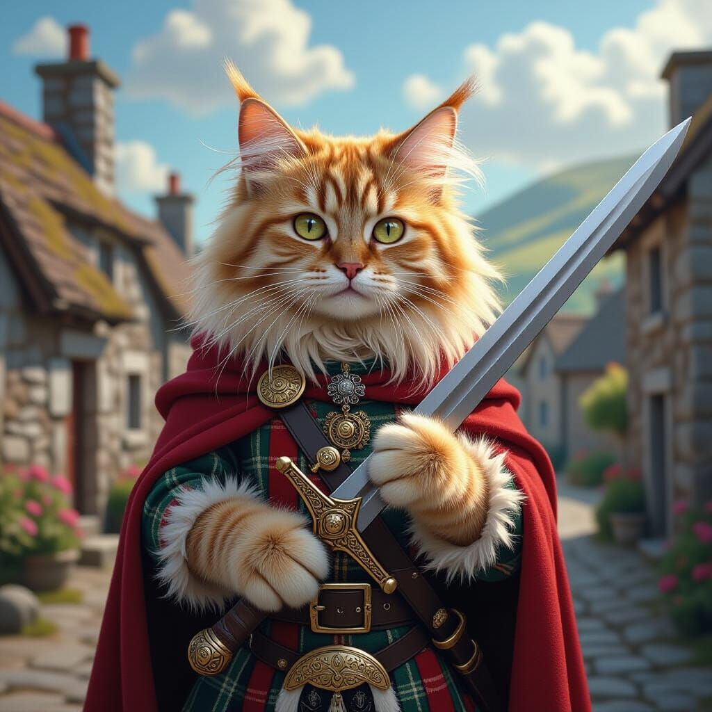 Fluffy Cat Warrior in Scottish Village
