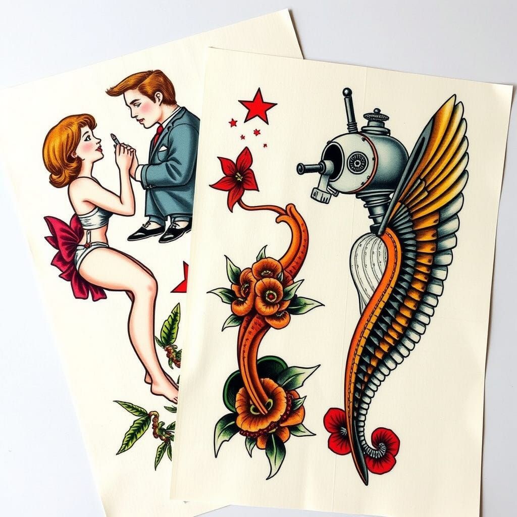 Vintage Tattoo Flash Sheets in Eclectic Style