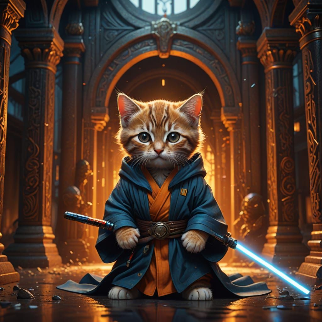 Surreal Jedi Kitten in Mystical Temple, Cyberpunk Digital Ar...
