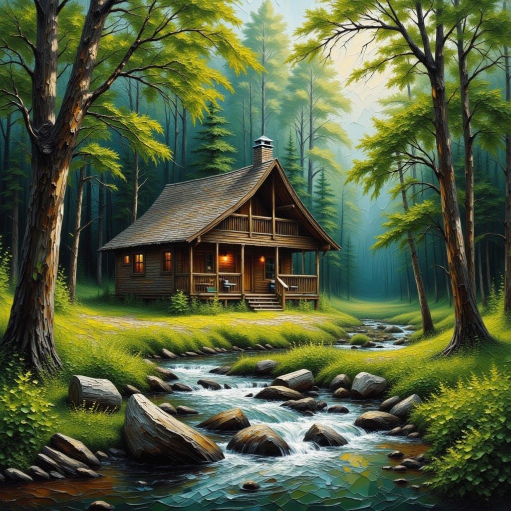 Cabin in Forest Creek, Impasto Painting Style