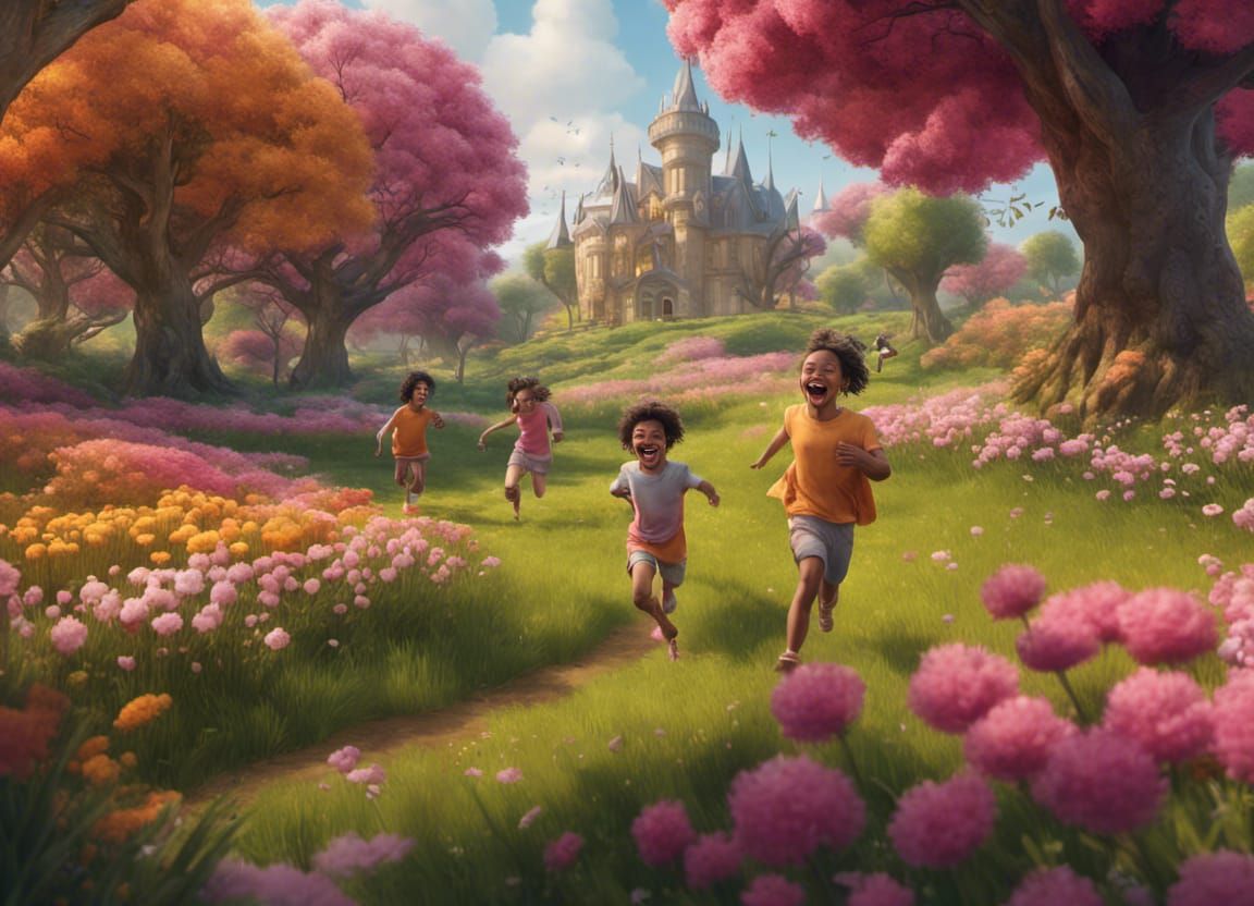 Joyful People Playing in a Fantastical Landscape