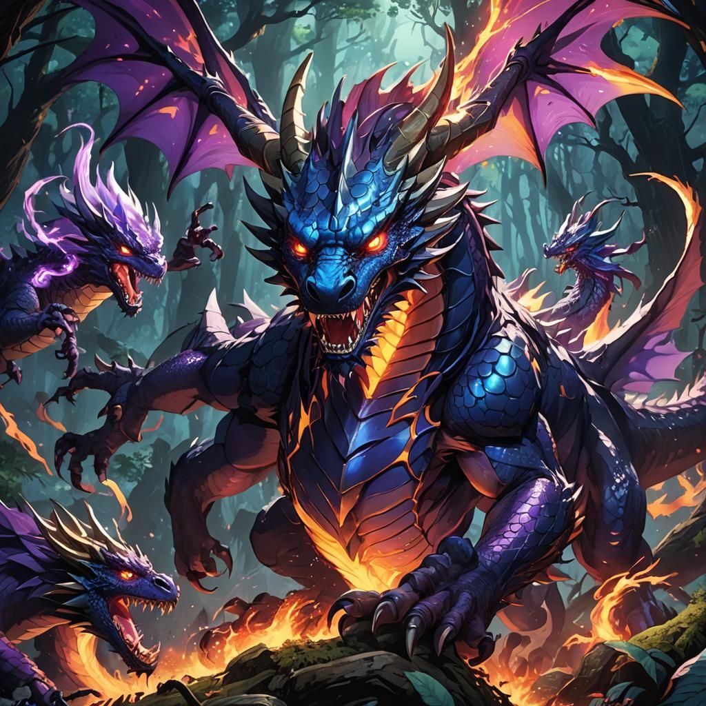 Dragon-Human Hybrids Battle in Mystical Forest: Anime Style