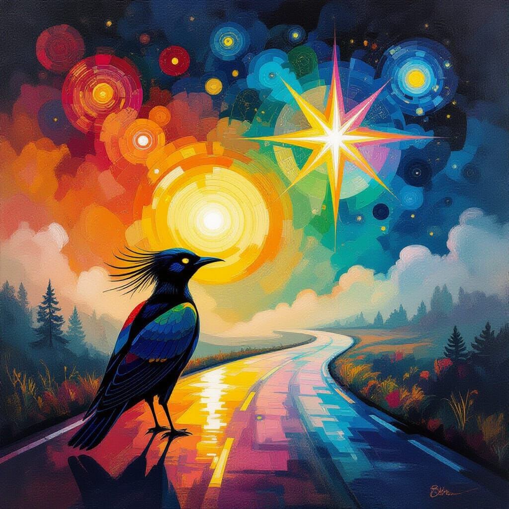 Alien Bird Meets Star on Cosmic Road - Abstract Art