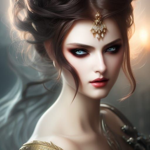 Artgerm, WLOP, Greg Rutkowski; Peitho, goddess of persuasion and charm, Beautiful Woman with Long Hair and Beautiful Eye...