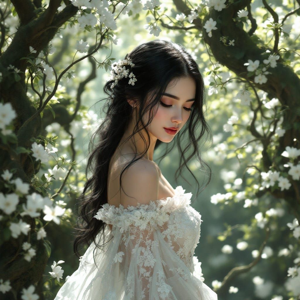 Enigmatic Woman in Forest of White Flowers