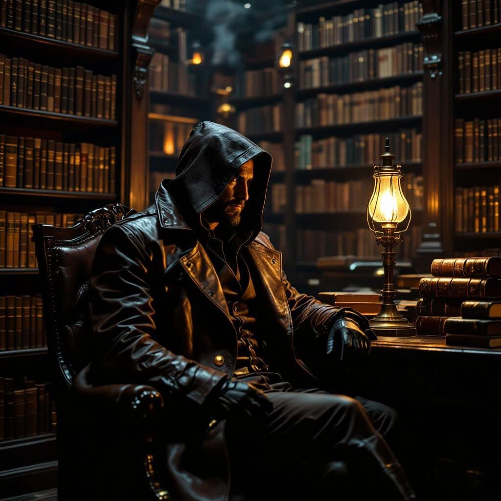 Traveler in Ancient Library: Cinematic Vintage Style