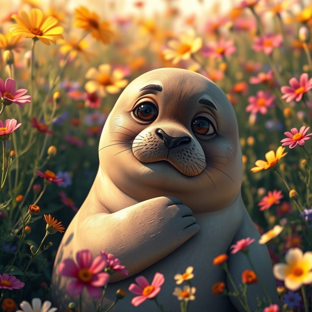 Chubby Seal Contemplates Garden Beauty