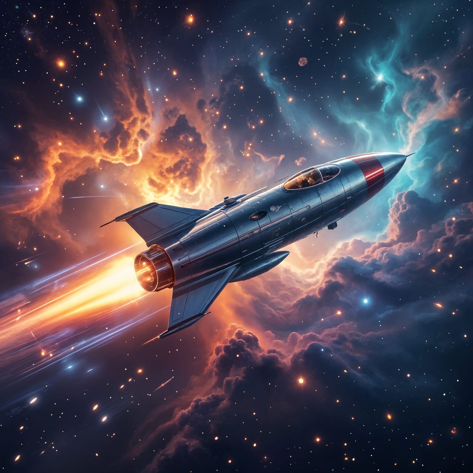 Retro Rocket Soaring Through Nebula in Cinematic Style
