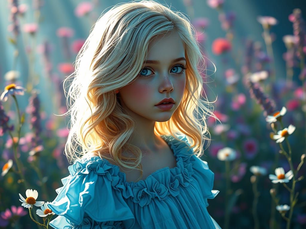 Bellflower Girl Portrait in Hyperrealistic Splash Art