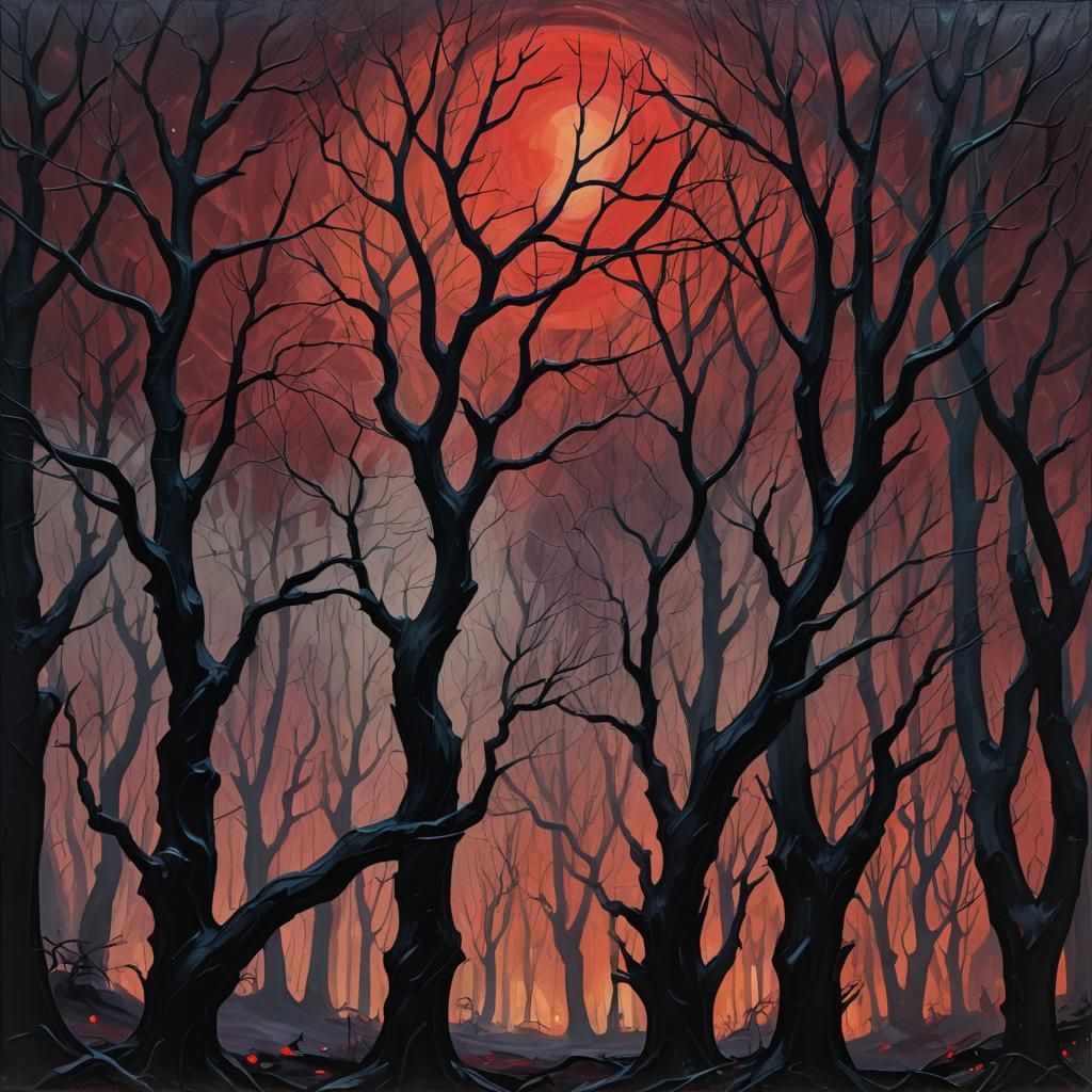 Noir Fauvist Landscape with Eerie Red Eyes