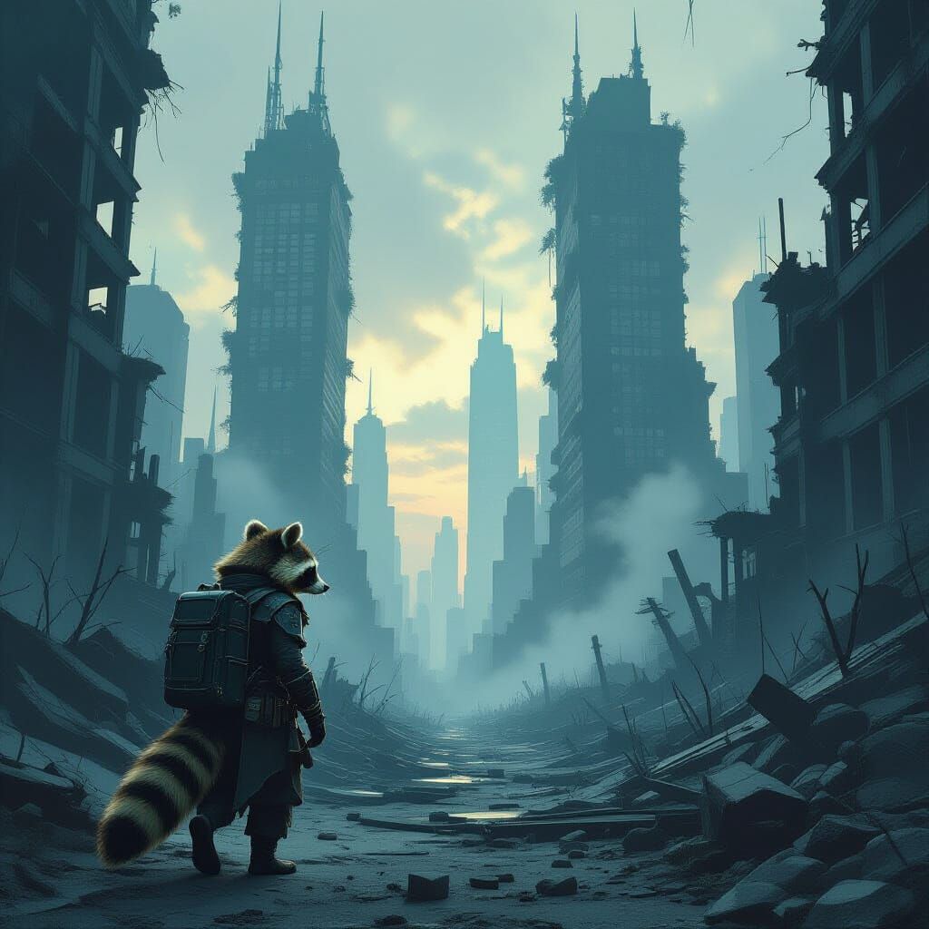 Grizzled Raccoon Scavenger in Ruined Cityscape