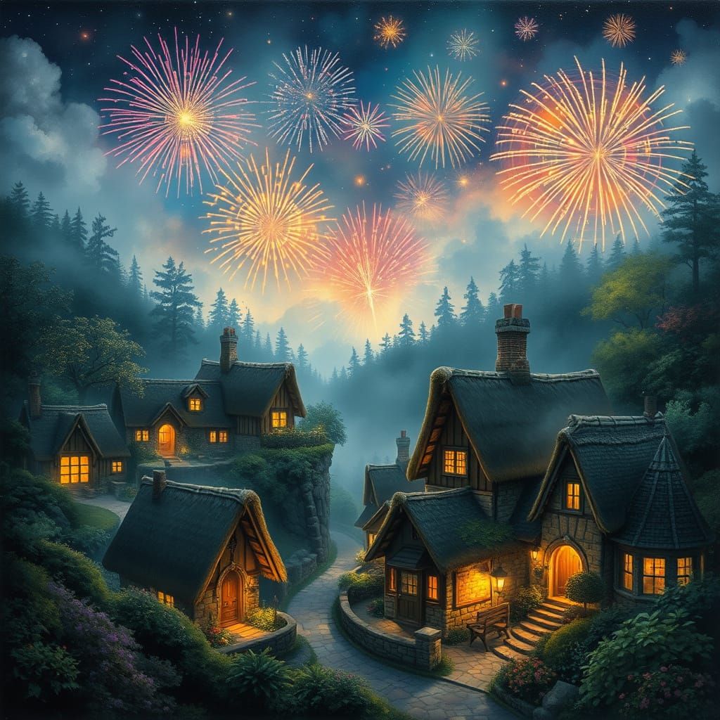 Enchanted Village Under Fireworks Display at Night