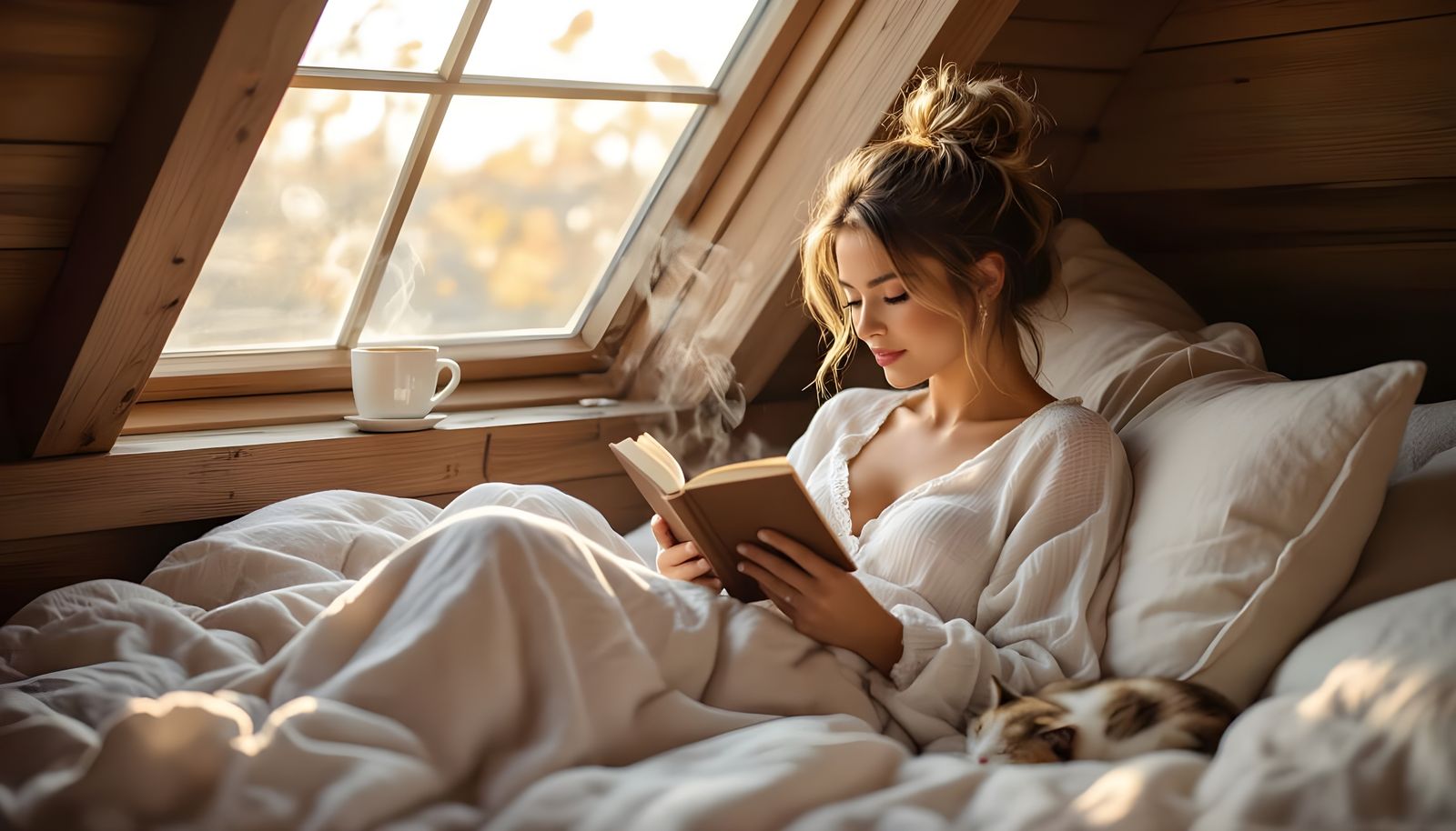 Cozy Attic Scene with Woman Reading and Cat