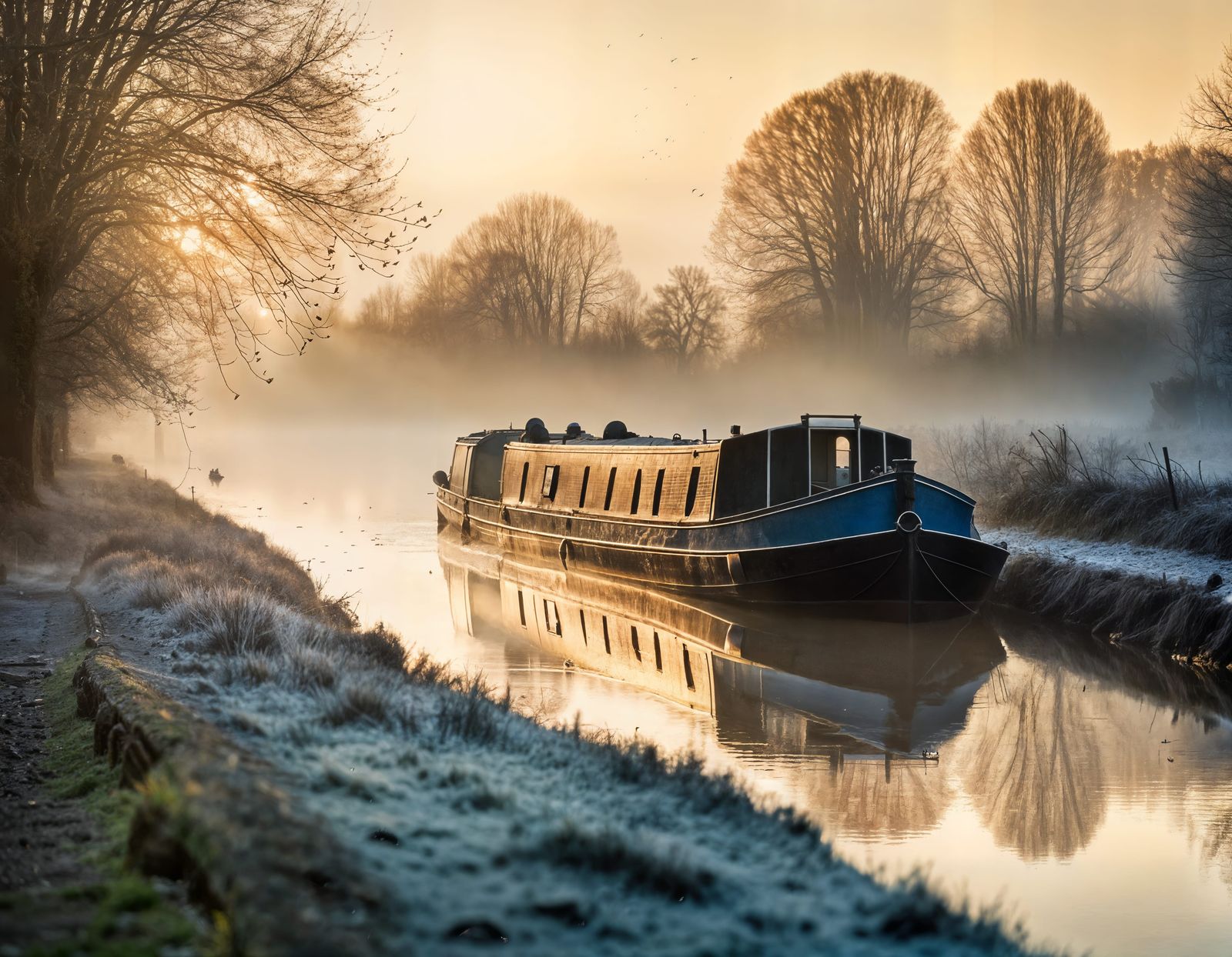 1800s Canal Barge at Sunrise in England