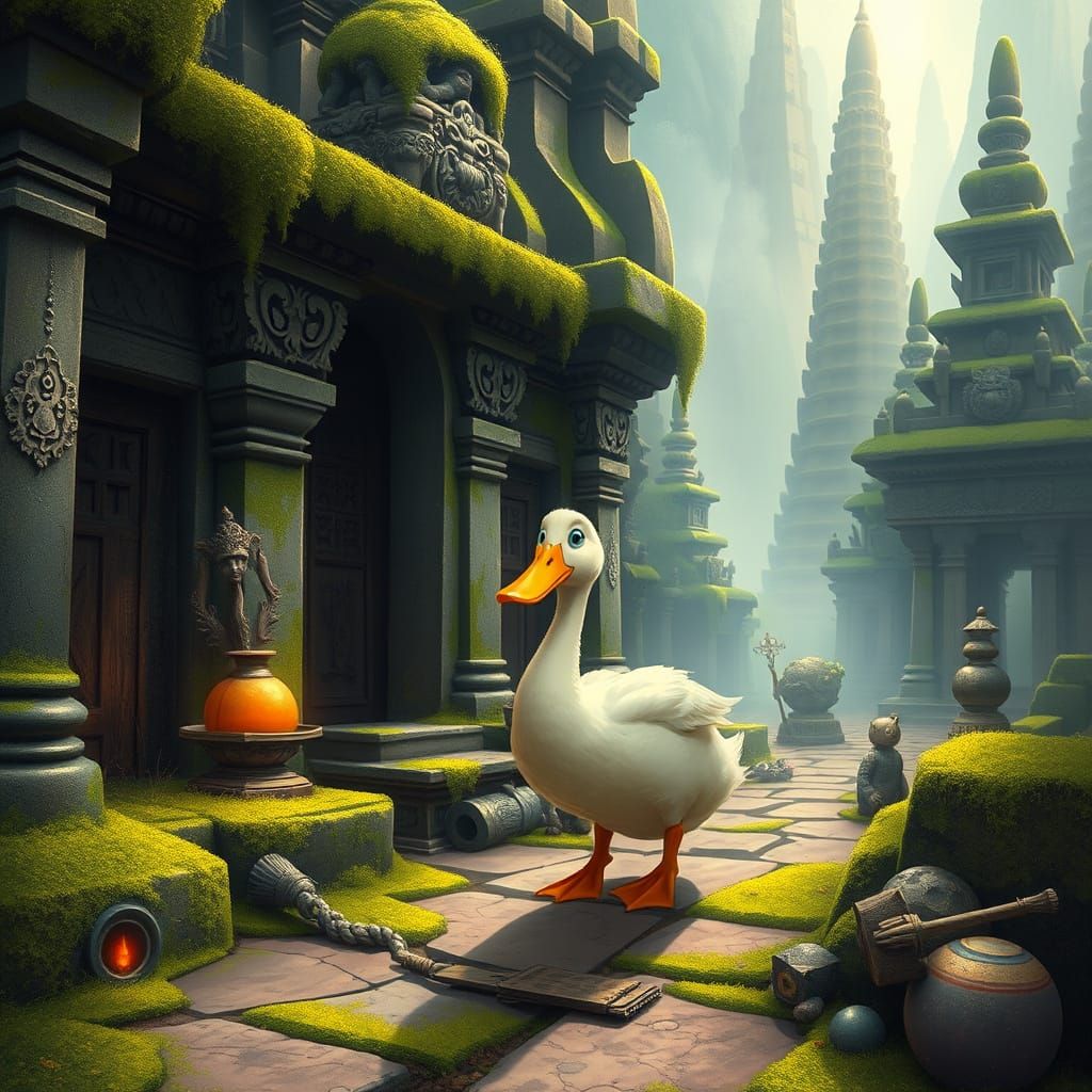 Duck's Temple Adventure in Whimsical Style