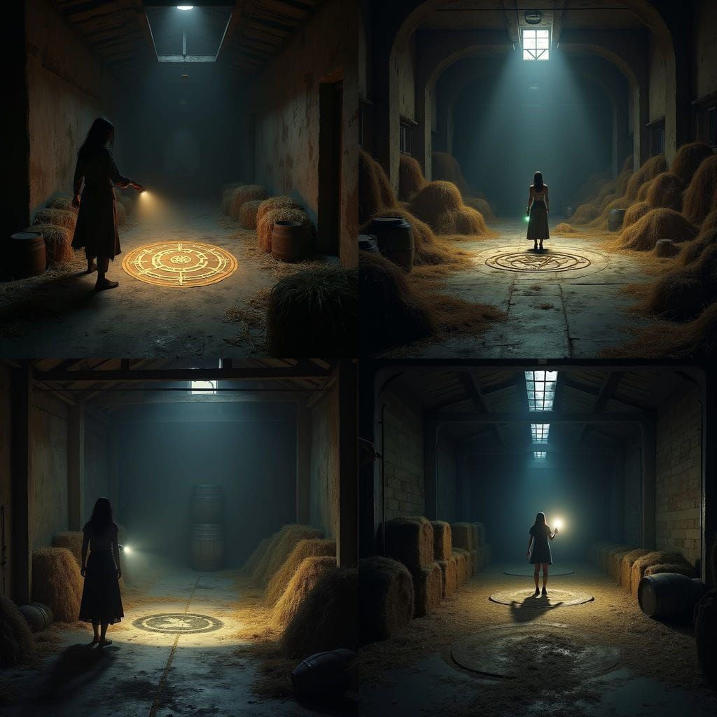 Horror Scene: Woman With Flashlight Discovers Rune in Dusty ...