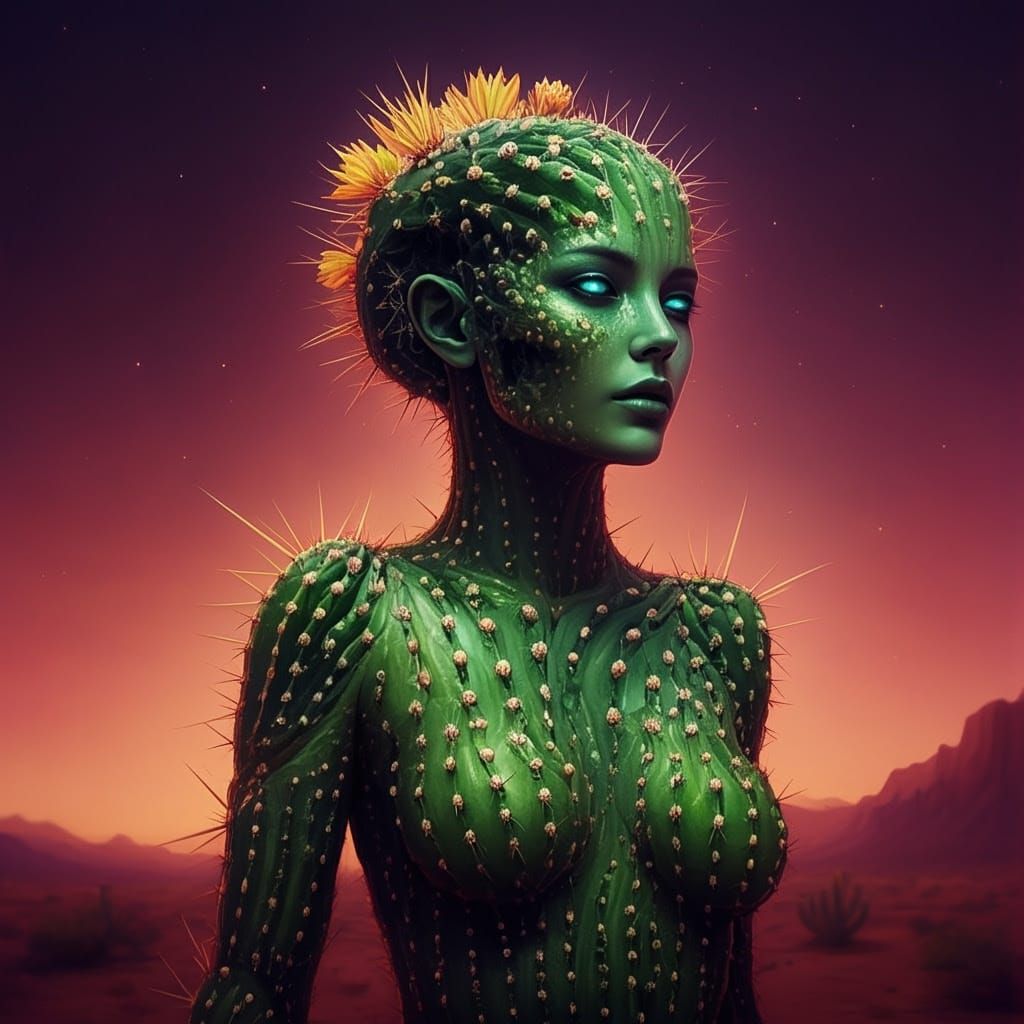 Surreal Cactus Goddess in a Desert Dreamscape