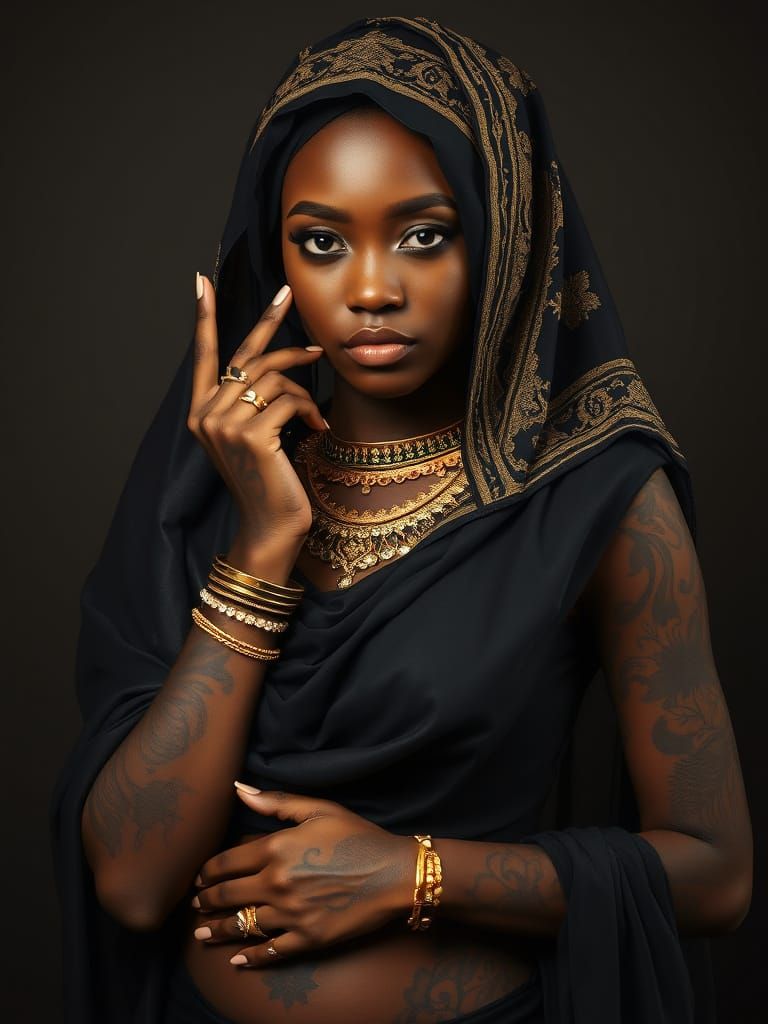 Elegant Nigerian Woman with Gold Embroidery and Tattoos