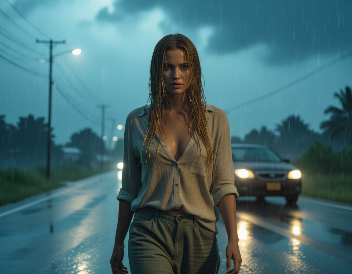 Woman Walks in Rain: Cinematic Digital Art