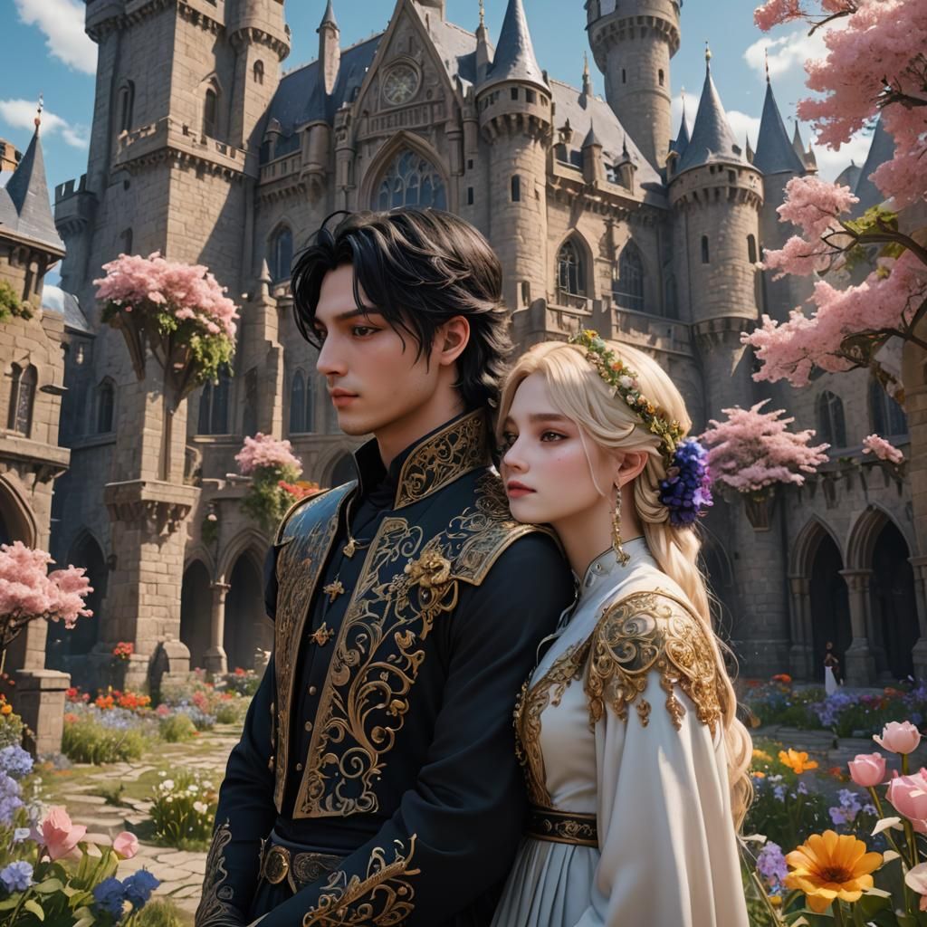 Fantasy Prince Kissing at Flower Castle, Digital Art