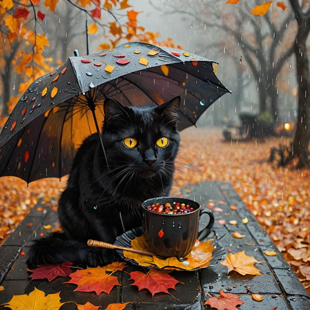 Black Cat with Autumn Umbrella: Surreal Halloween