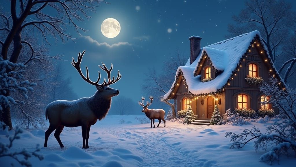 Serene Winter Wonderland with Cozy Cottage and Majestic Deer