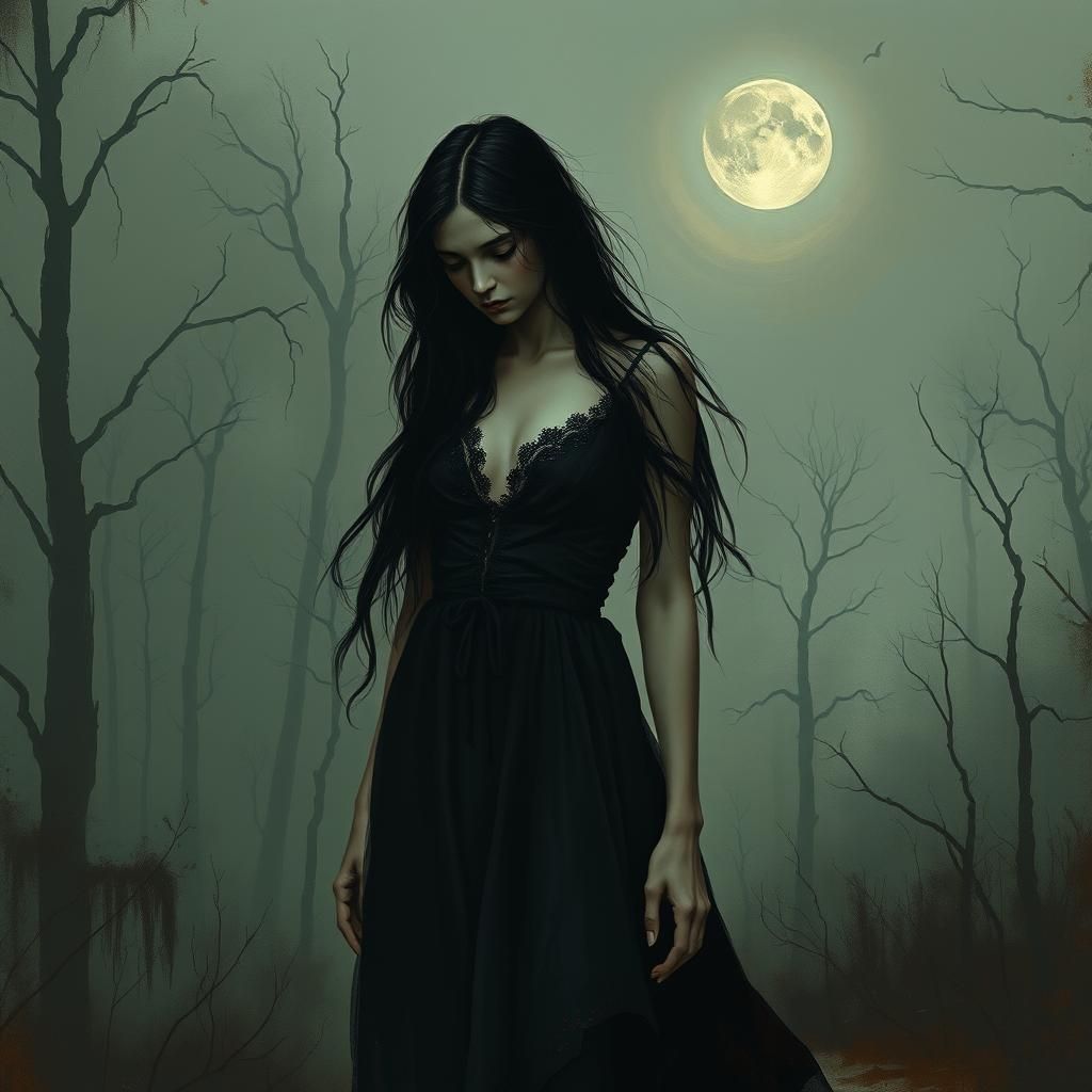 Melancholic Woman in Desolate Forest, Dark Fantasy Art